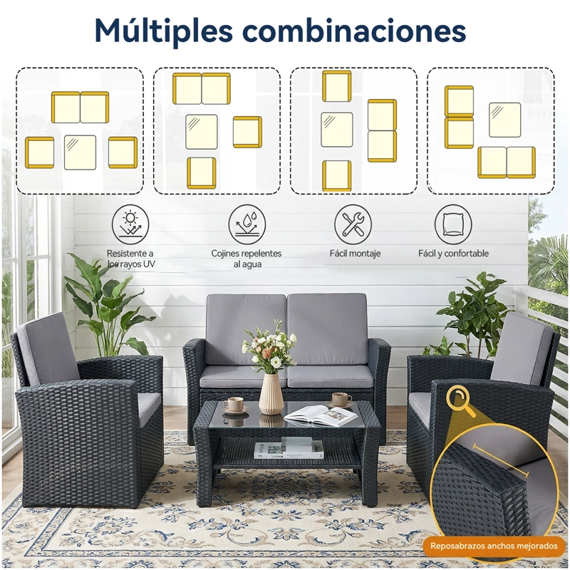 JUEGO DE LIVING DE TERRAZA 4 PERSONAS DE RATAN SINTE TICO NEGRO - 6