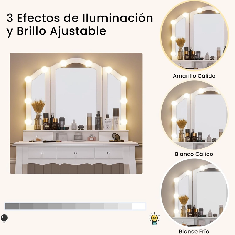 TOCADOR CON ESPEJO TRIPTICO ILUMINADO Y TABURETE ACOLCHADO BLANCO - 2
