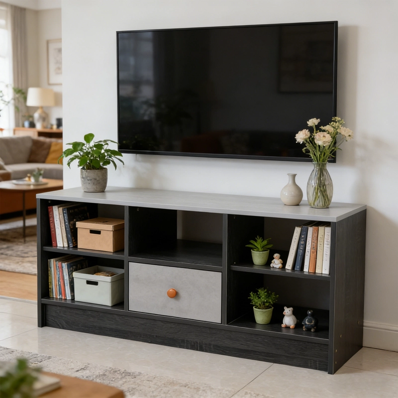 RACK TV PARA TV PEQUEÑO HASTA 43 90X30X40 CM CON 1 CAJON NEGRO GRIS - 2