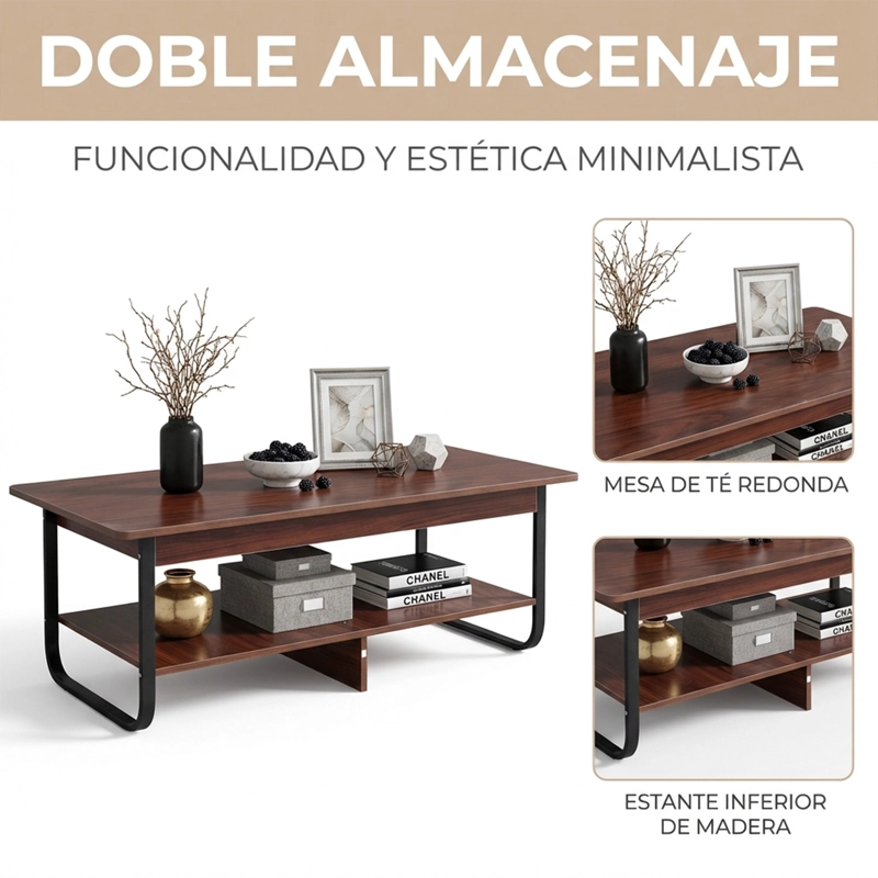 MESA DE CENTRO RECTANGULAR ESTILO RUSTICO DE 2 NIVELES - 4