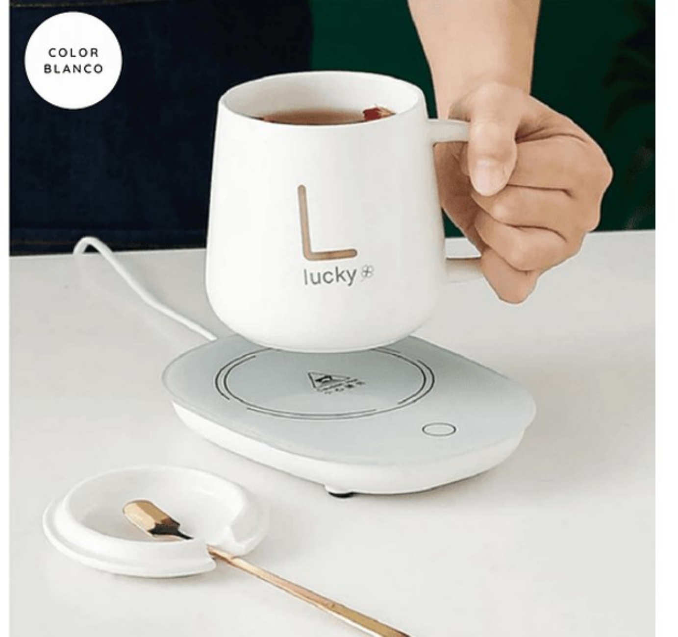 TAZA CON PORTAVASO CALE NTADOR ELÉCTRICO - EN COLOR BLANCO - 3