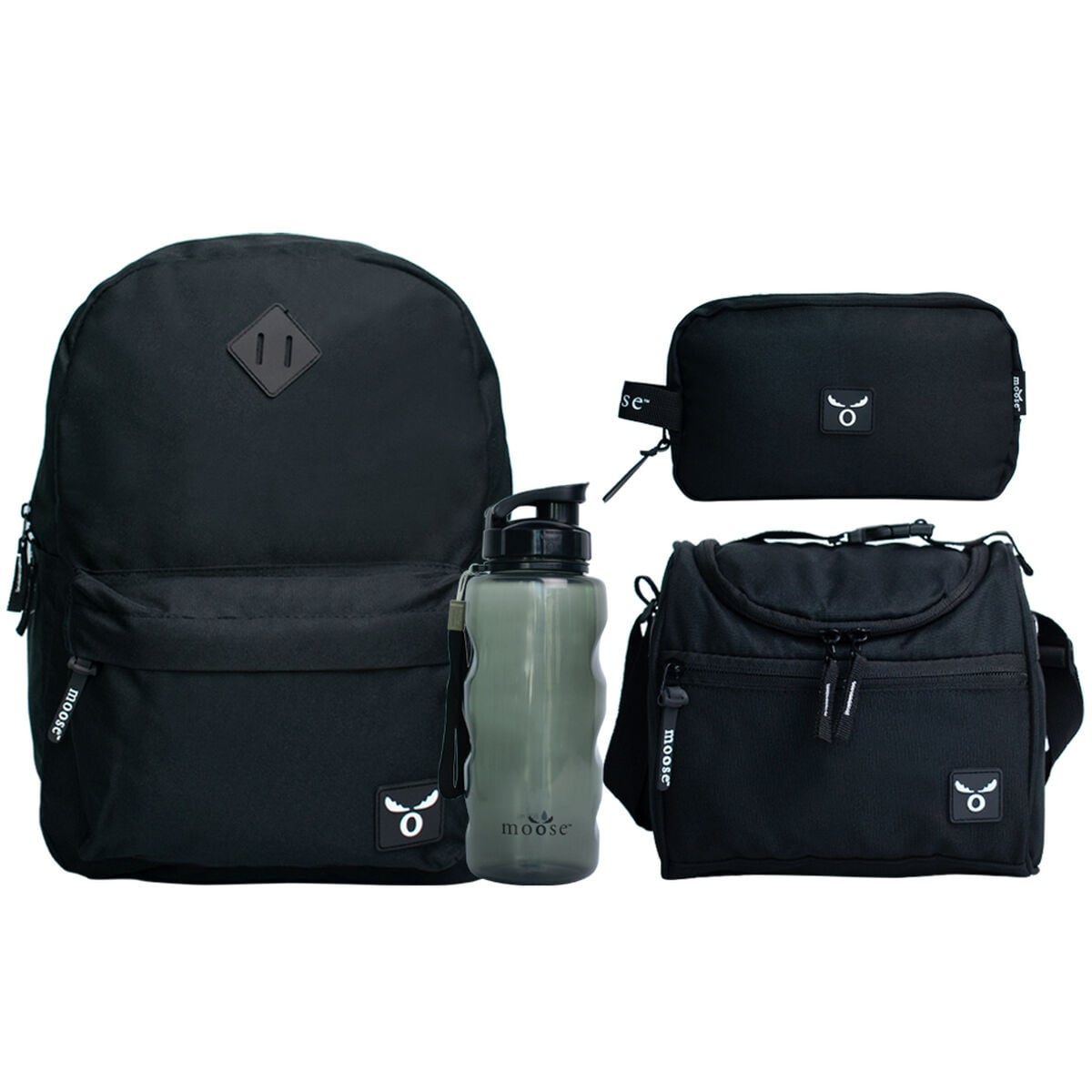 PACK 4 PIEZAS MOCHILA BOSTON NEGRO, LONCHERA, ESTUCHE Y BOTELLA MOOSE - 1