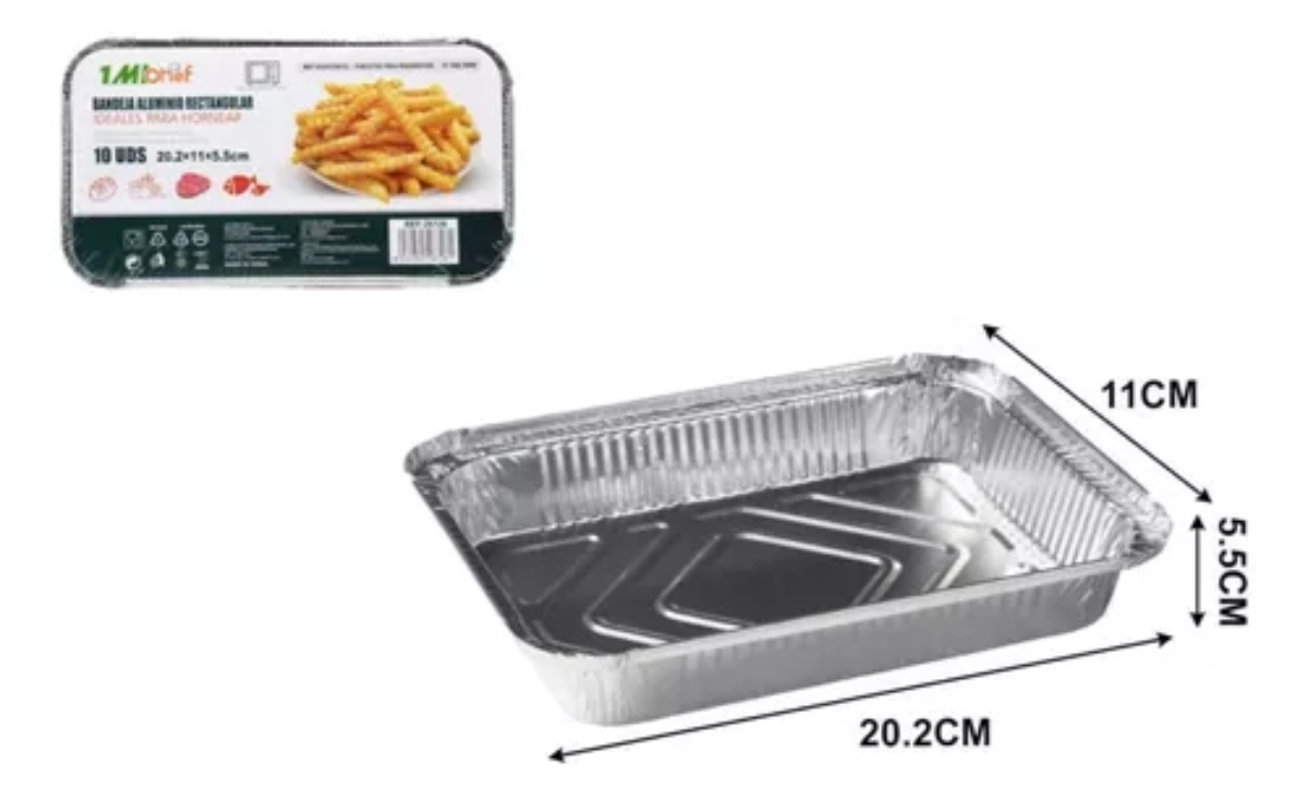 PACK DE 10 BANDEJAS DE ALUMINIO RECTANGULAR 20,2CM X 11CM - 1