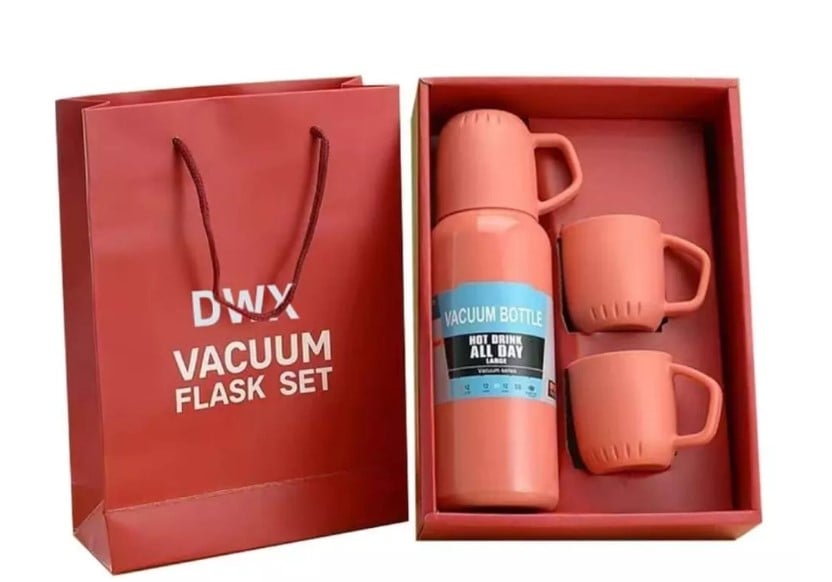 SET TERMO DE ACERO INOXIDABLE 500ML + 3 TAZAS - NARANJA - 1