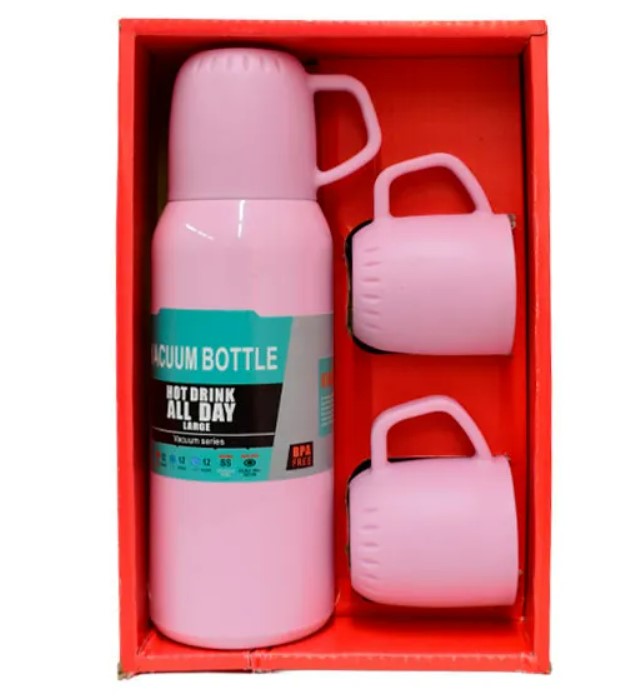 SET TERMO DE ACERO INOXIDABLE 500ML + 3 TAZAS - ROSA - 1