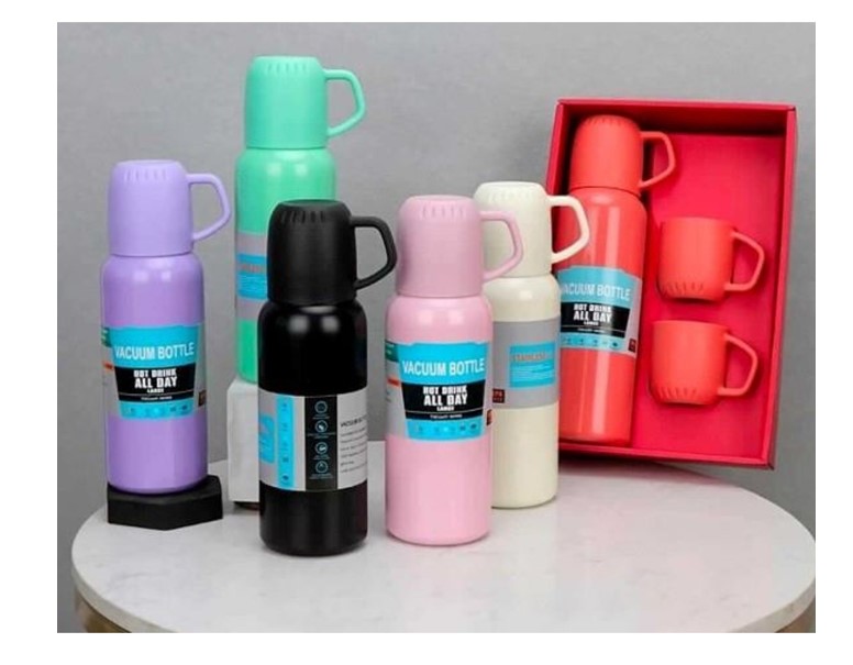 SET TERMO DE ACERO INOXIDABLE 500ML + 3 TAZAS - ROSA - 2