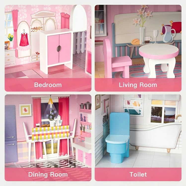 CASA DE MUÑECAS CLASICA DE MADERA ROSADA CON ACCESORIOS - 1