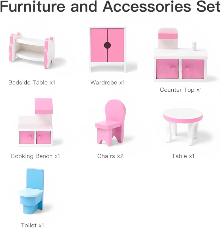 CASA DE MUÑECAS CLASICA DE MADERA ROSADA CON ACCESORIOS - 2
