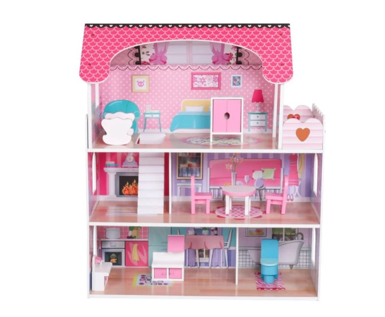 CASA DE MUÑECAS CLASICA DE MADERA ROSADA CON ACCESORIOS - 3