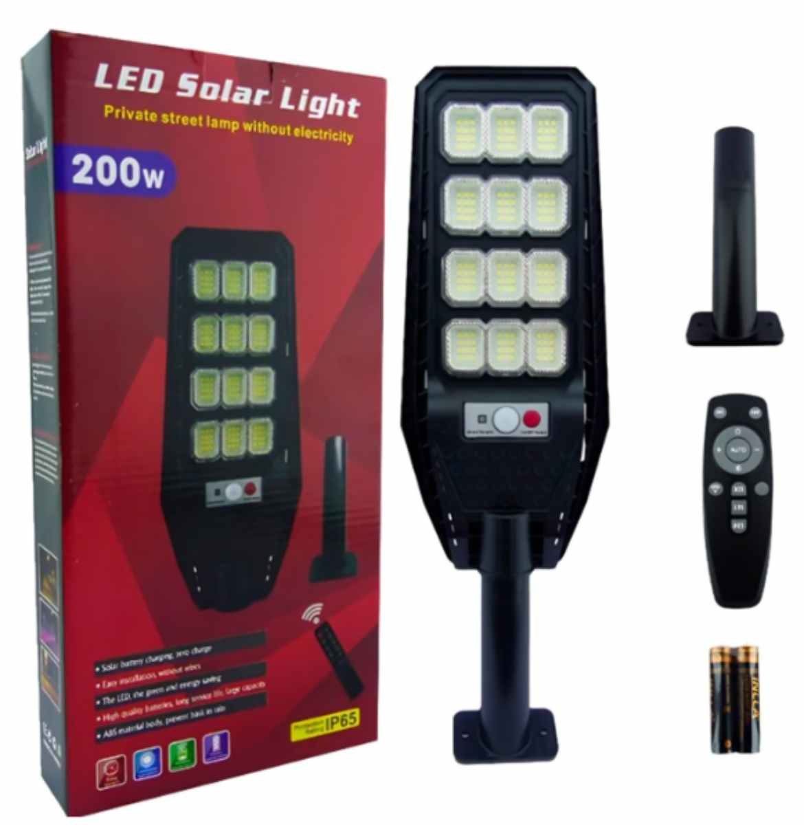 FOCO CON BRAZO SOLAR 200W PVC 144 LED 12 PLACAS CON CONTROL SENSOR - 1