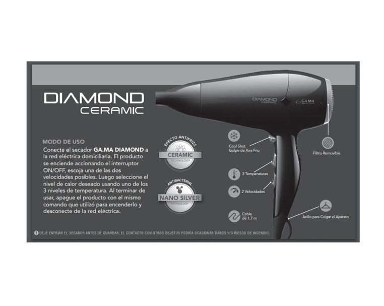 SECADOR DE CABELLO DIAMOND CERAMIC STD 220 GAMA NEGRO - 5