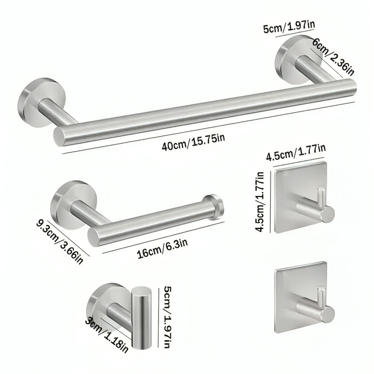 SET DE 5 ACCESORIOS DE BAÑO ACERO INOXIDABLE PLATA - 1
