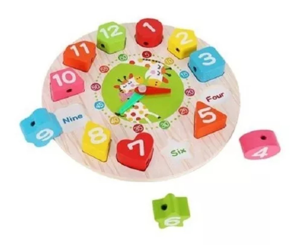 RELOJ BLOQUE MULTICOLOR ENHEBRADOR JUGUETE MADERA - 2