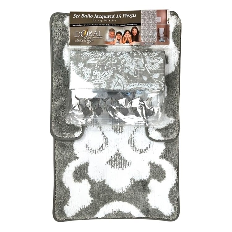 SET DE BAÑO 15PCS JACQUARD / FLORES GRIS EN COLOR BLANCO – DORAL - 2