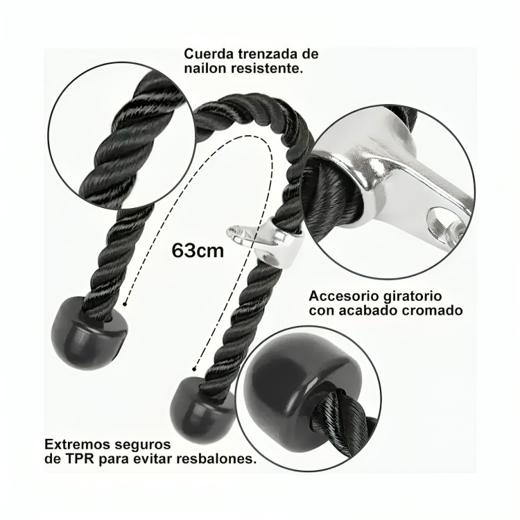 CUERDA SOGA PARA TRICEPS, BICEPS POLEA MANCUERNAS FITNESS - 3