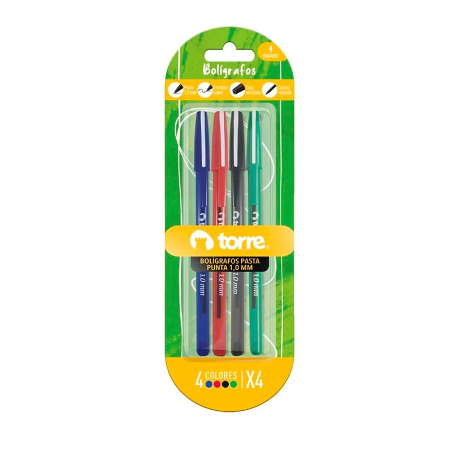 PACK X 4 BLISTER 4 BOLIGRAFOS 1 AZUL 1 NEGRO 1 ROJO 1 VERDE – TORRE - 3