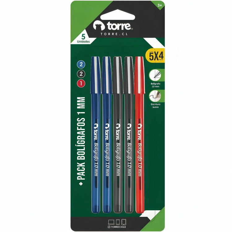 PACK 3 DE SET 5 BOLIGRAFOS 1.0MM BLISTER 2A 2N 1R – TORRE - 1