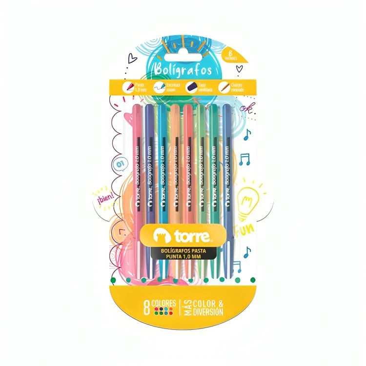 PACK 2 DE SET 8 BOLIGRAFOS 1.0MM COLOR FUN BLISTER – TORRE - 1