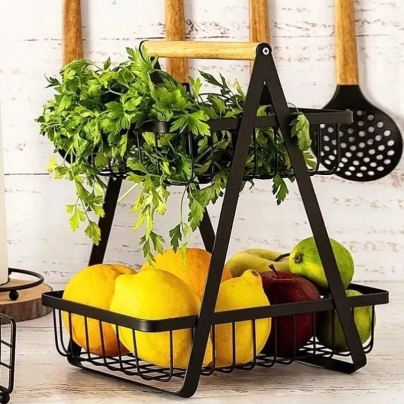 FRUTERA DOBLE DE METAL CON MANGO DE MADERA COLOR NEGRO - 2