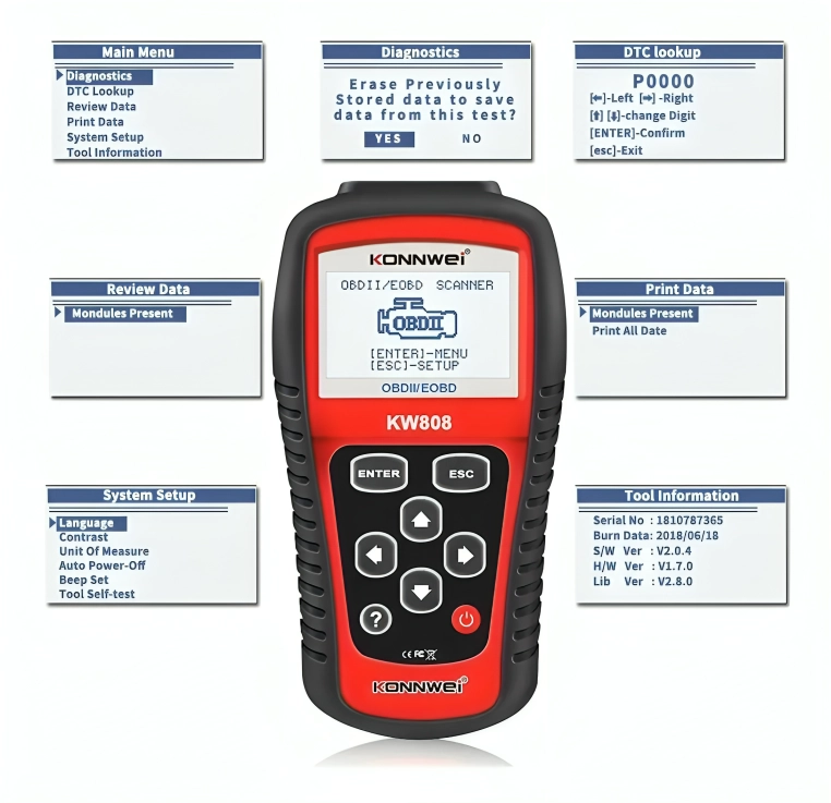 ESCANER SCANNER AUTO AUTOMOTRIZ OBD2 OBDII KONNWEI KW808 - 2