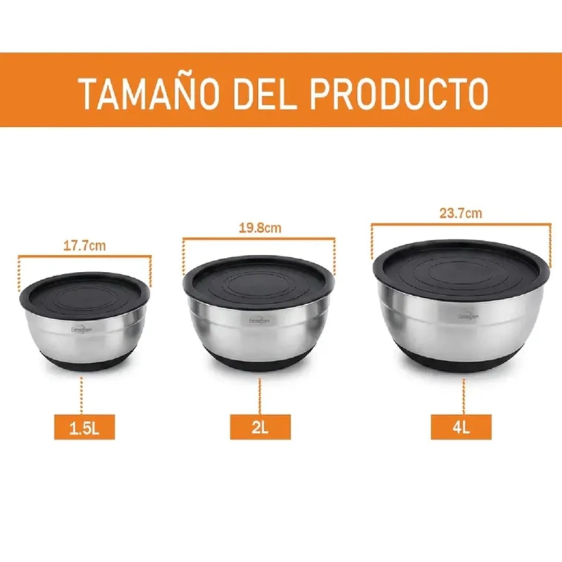 3 BOWLS CON TAPA ACERO INOXIDABLE Y BASE ANTIDESLIZANTE - 1