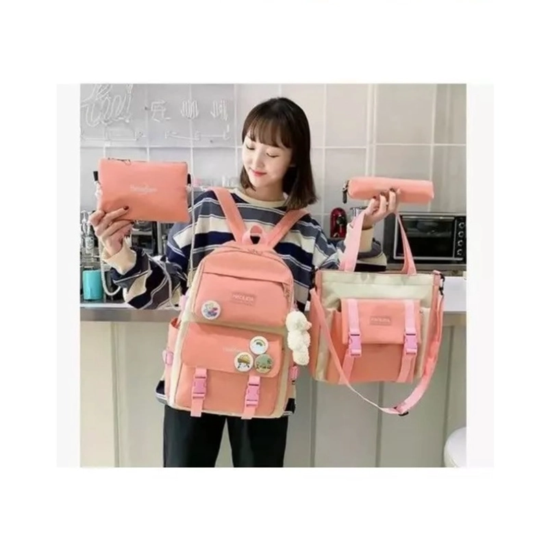 MOCHILA URBANA ESCOLAR VIAJE ESTILO COREANO 4 PIEZAS CORAL - 2