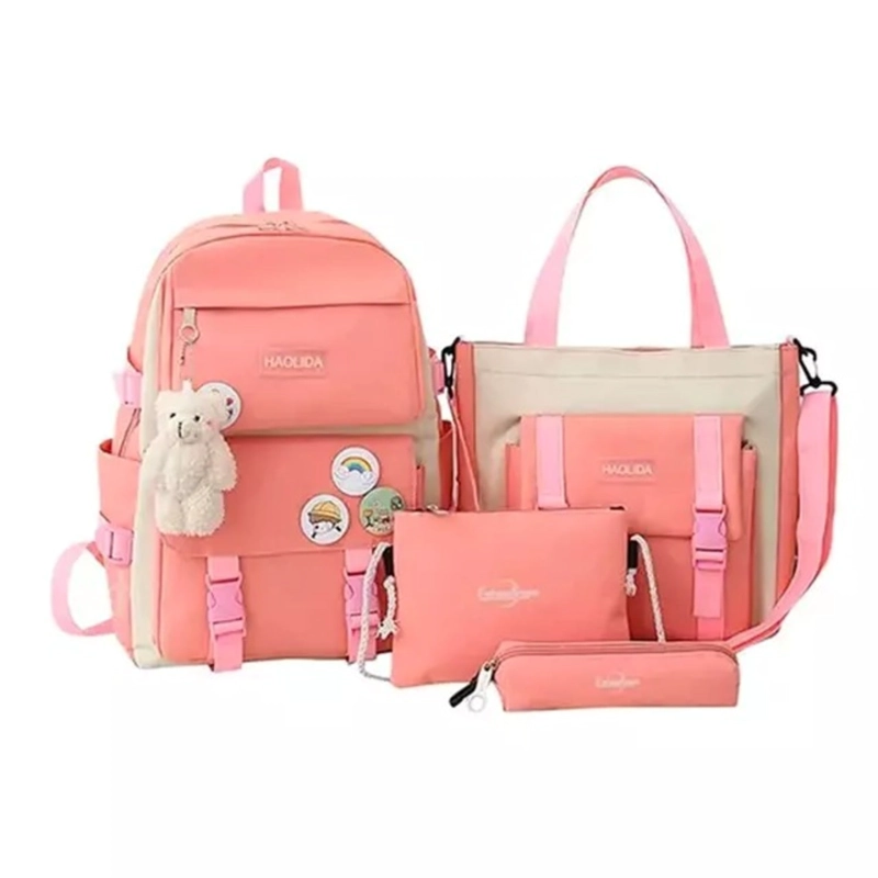 MOCHILA URBANA ESCOLAR VIAJE ESTILO COREANO 4 PIEZAS CORAL - 4