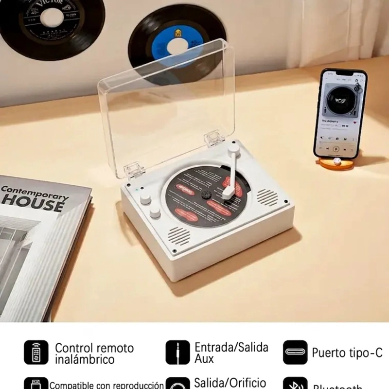 REPRODUCTOR DE DISCO BLUETOOTH USB PORTATIL RETRO - 4