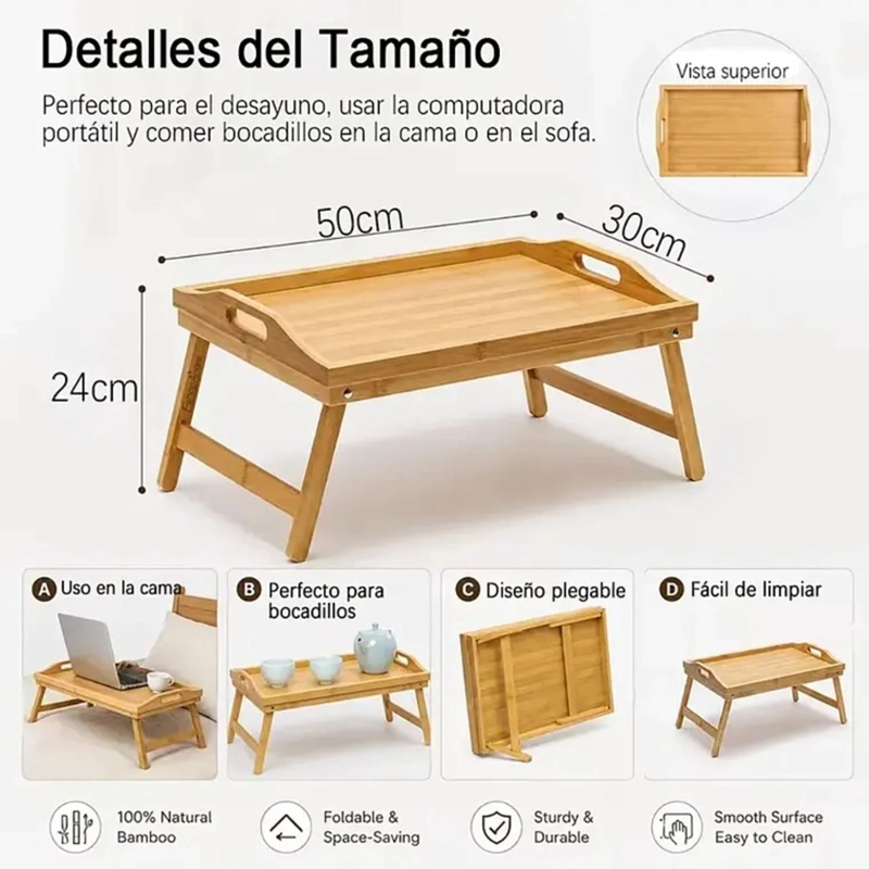 BANDEJA MESA PLEGABLE DE BAMBU PARA CAMA DESAYUNO NOTEBOOK - 2