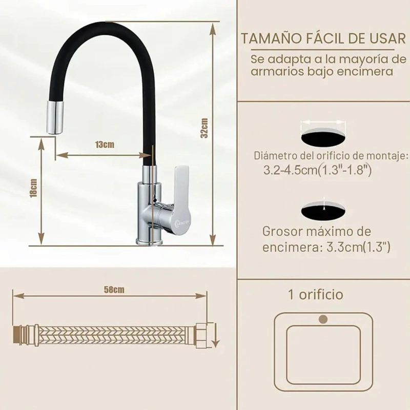LLAVE MONOMANDO GRIFO DE LAVAPLATOS CUELLO FLEXIBLE DE 360 - 2