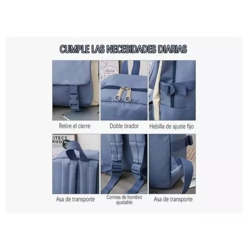 MOCHILA URBANA ESCOLAR VIAJE ESTILO COREANO 4 PIEZAS AZUL - 1