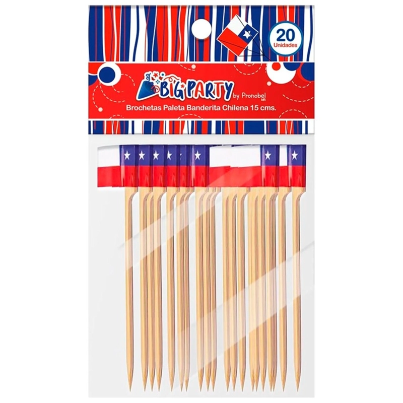 PACK X 4 BROCHETA PALETA CON BANDERA CHILENA 15 CM 20 UND – BIG PARTY - 1