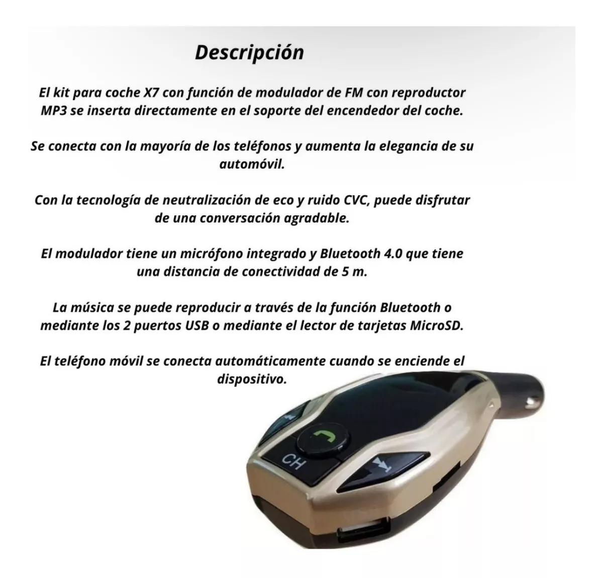 TRANSMISOR ADAPTADOR BLUETOOTH PARA AUTO AUDIO MANOS LIBRES - 3