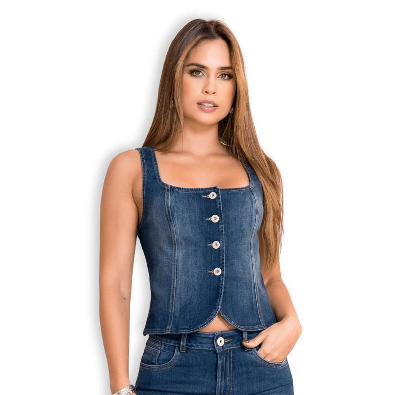BLUSA MEZCLILLA ESTILO CORSE  MUJER – ELASTICADA T03033724 - 1