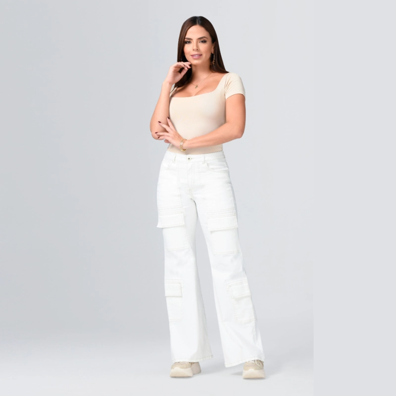 JEANS CARGO WIDE LEG MUJER BLANCO NATURAL TIRO ALTO ELASTICADO - 2
