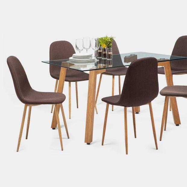 JUEGO COMEDOR MESA JOCKEY NATURAL + 6 SILLAS CROSS NATURAL / CAFÉ - 1