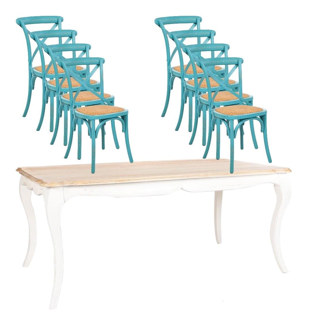 MESA COMEDOR RETRO RECTANGULAR BLANCA + 8 SILLAS RETRO TURQUESA - 1