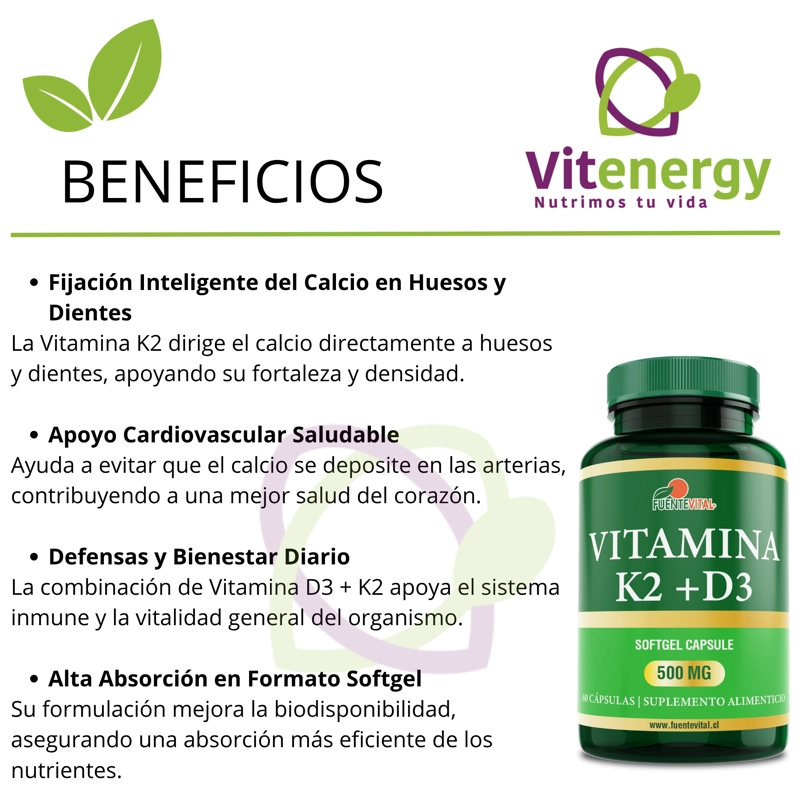 VITAMINA  K2 + D3 FUENTE VITAL - 60 CAPSULAS GEL   HUESOS - ARTICULACIONES  OFERTA - 2