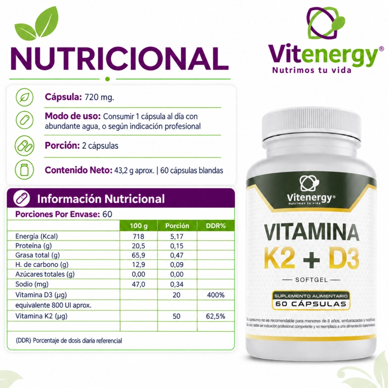 VITAMINA  K2 + D3 FUENTE VITAL -  CALCIO - HUESOS - ARTICULACIONES PACK X 3 - 4