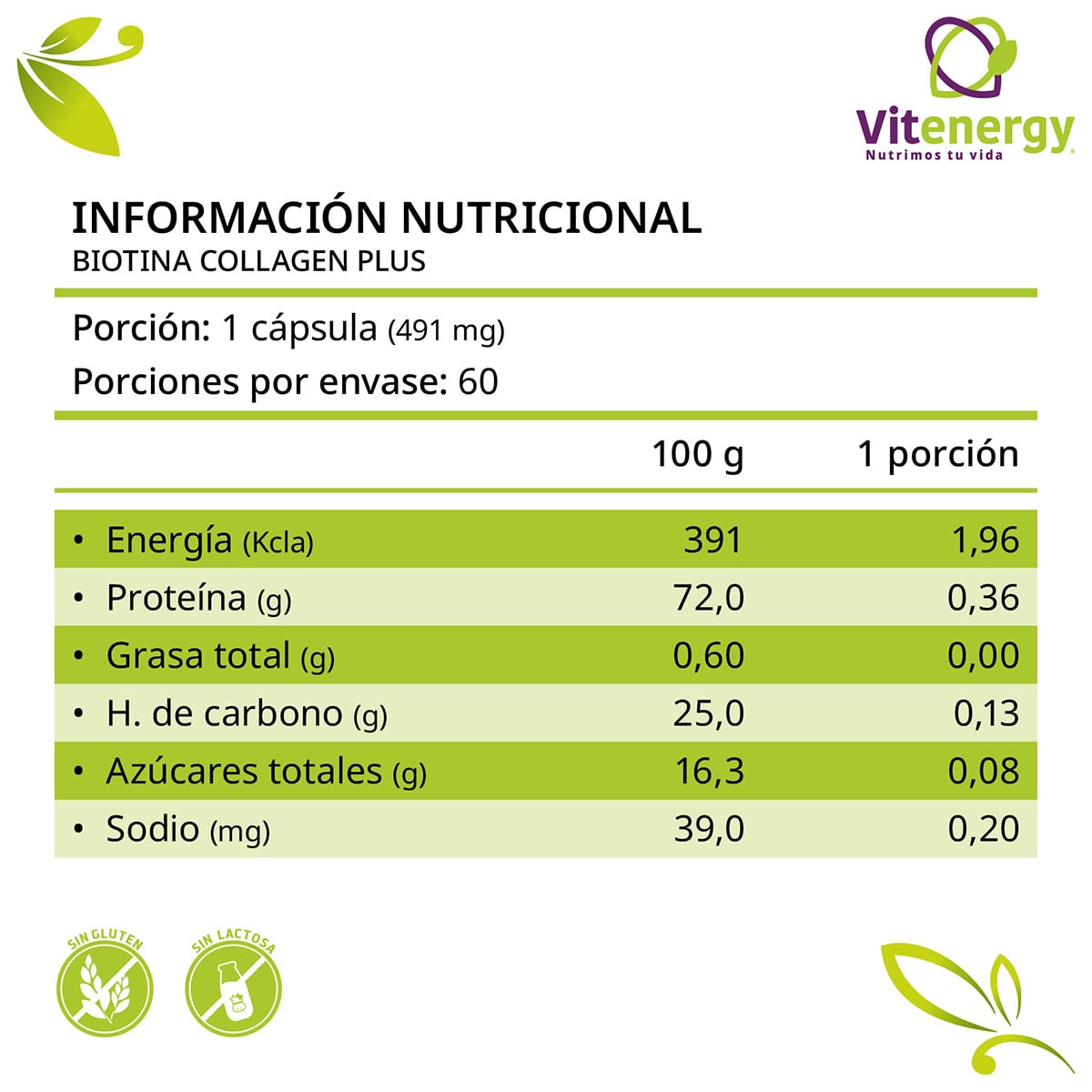 SUPLEMENTO ALIMENTICIO VITENERGY NUEVO BIOTINA COLLAGEN PLUS VITAMINAS CABELLO PIEL Y UÑAS! - 7