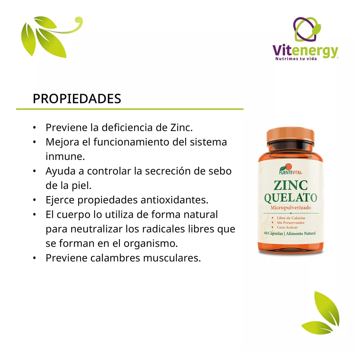 SUPLEMENTO ALIMENTICIO FUENTE VITAL ZINC QUELATO 60 CÁPSULAS VEGETALES OFERTA - 2