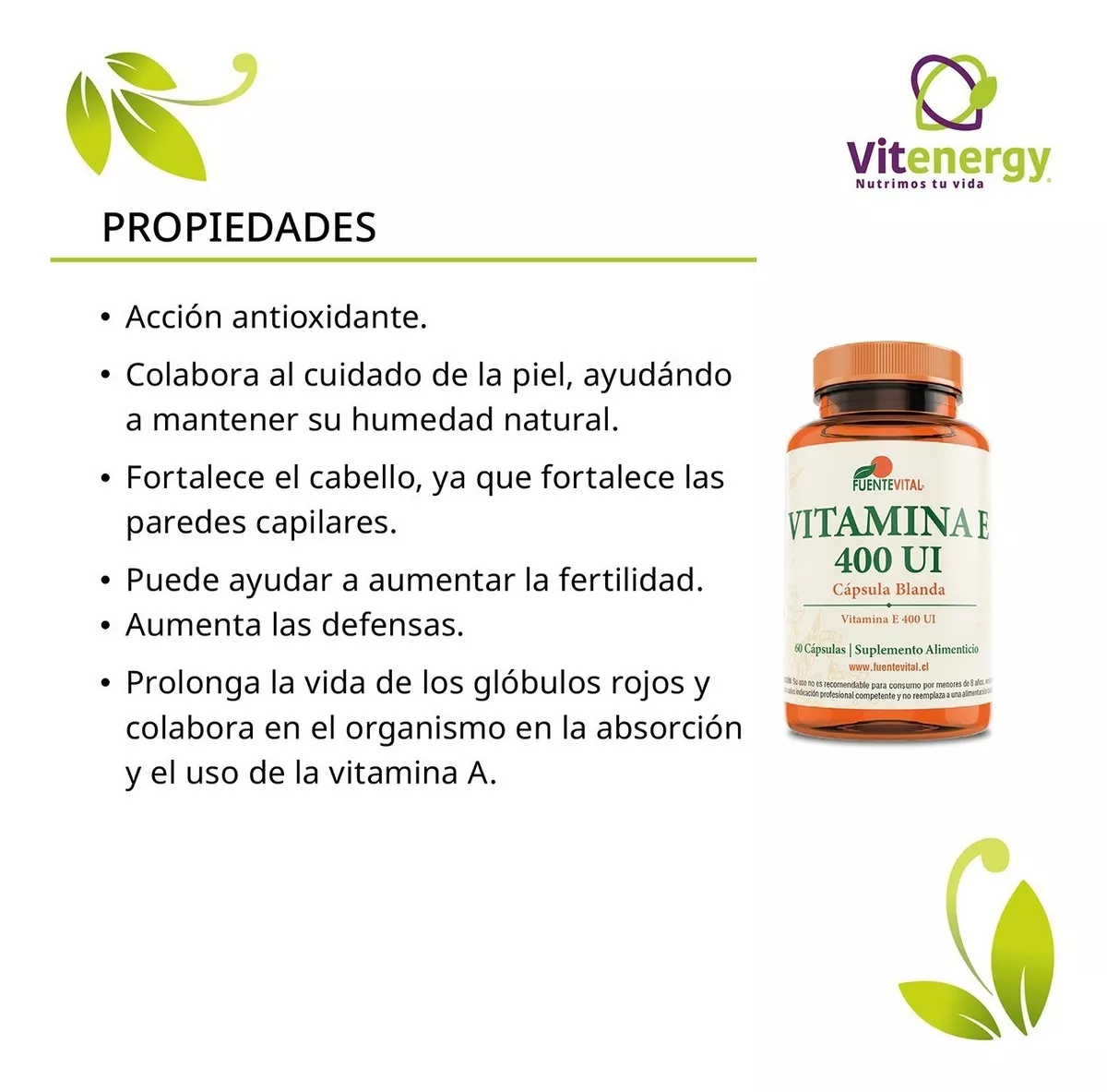 SUPLEMENTO ALIMENTICIO FUENTE VITAL VITAMINA E 400 UI CAPSULA BLANDA ANTIOXIDANTE PIEL CABELLO - 2