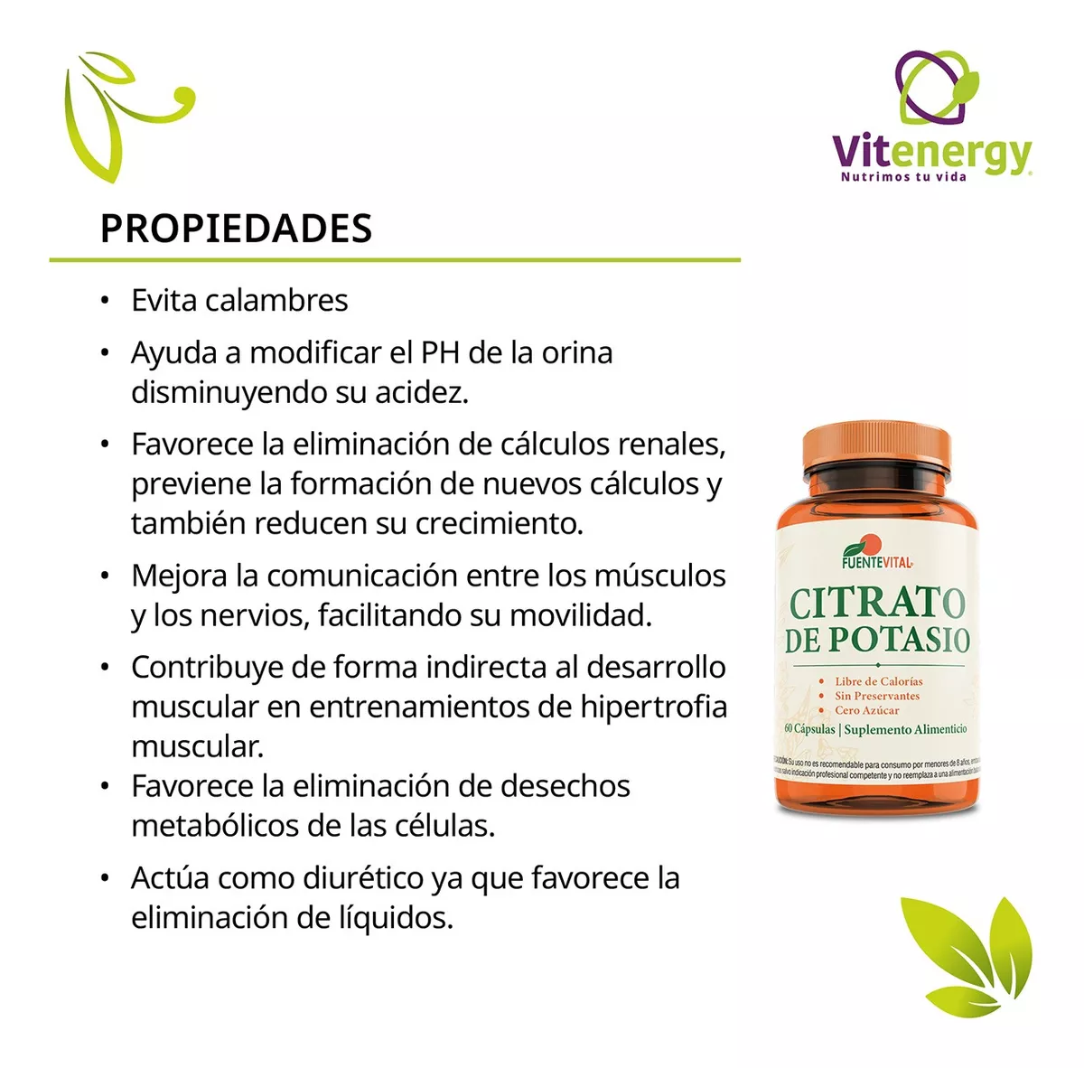 CITRATO DE POTASIO FUENTE VITAL 60 CÁPSULAS VEGETALOFERTA VITENERGY - 2