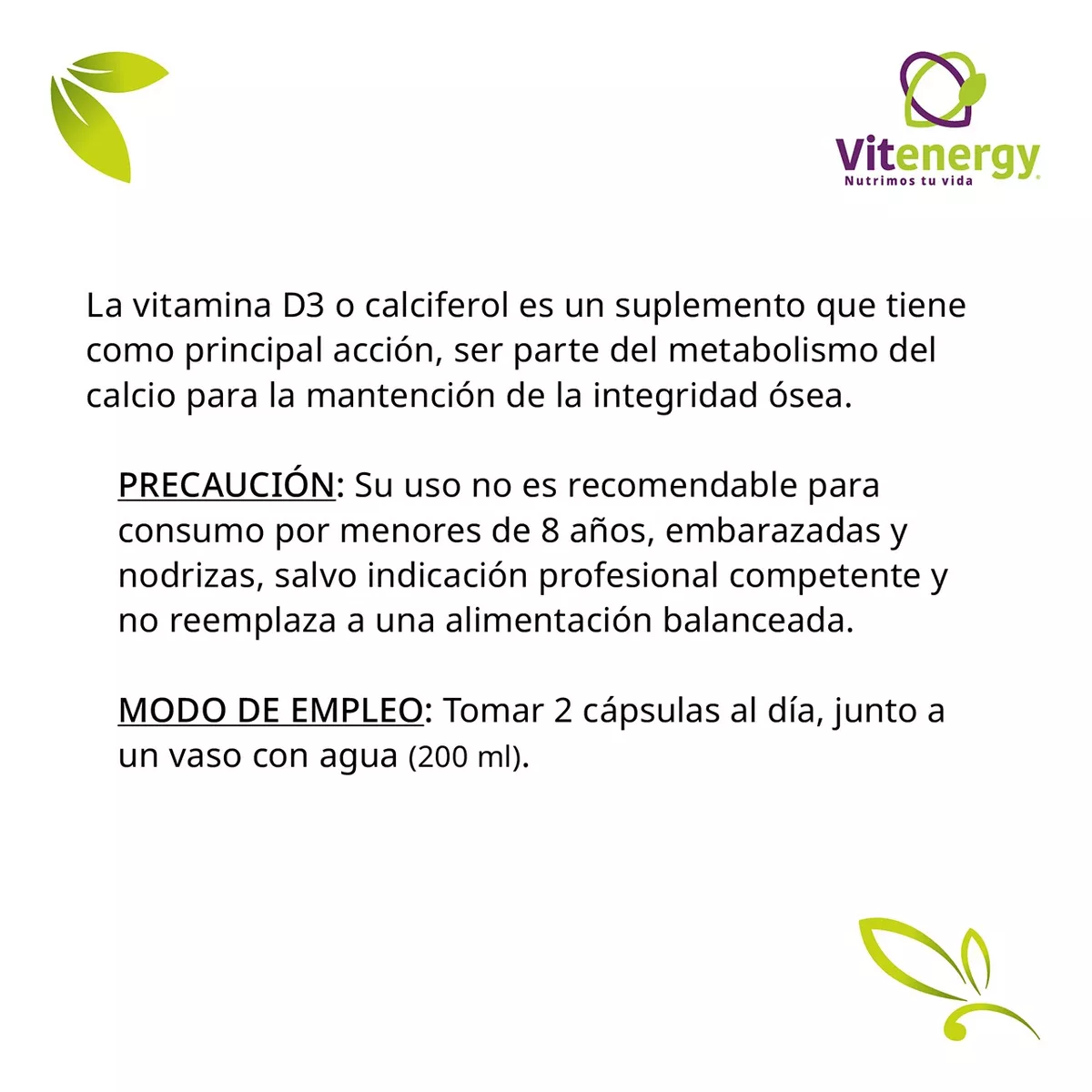 SUPLEMENTO ALIMENTICIO FUENTE VITAL VITAMINA D3 CAPSULAS VEGETALES 800 UI PACK X 3 - 3