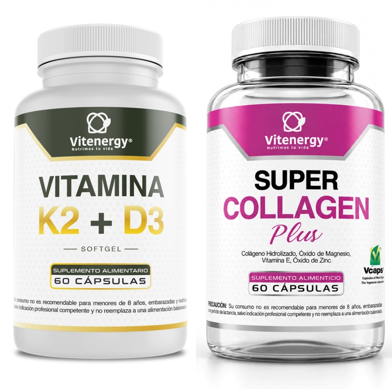 PACK VITENERGY VITAMINAS K2 D3 + SÚPER COLÁGENO HIDROLIZADO (+ZINC + VITAMINA E + MAGNESIO) - 1