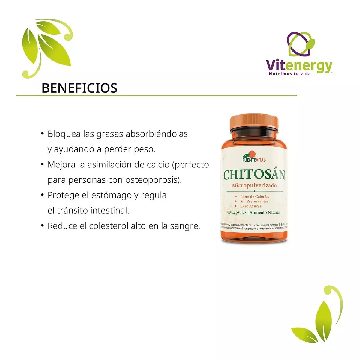 SUPLEMENTO ALIMENTICIO FUENTE VITAL CHITOSAN 100% 180 CÁPSULAS QUEMADOR NATURAL OFERTA X3 - 2