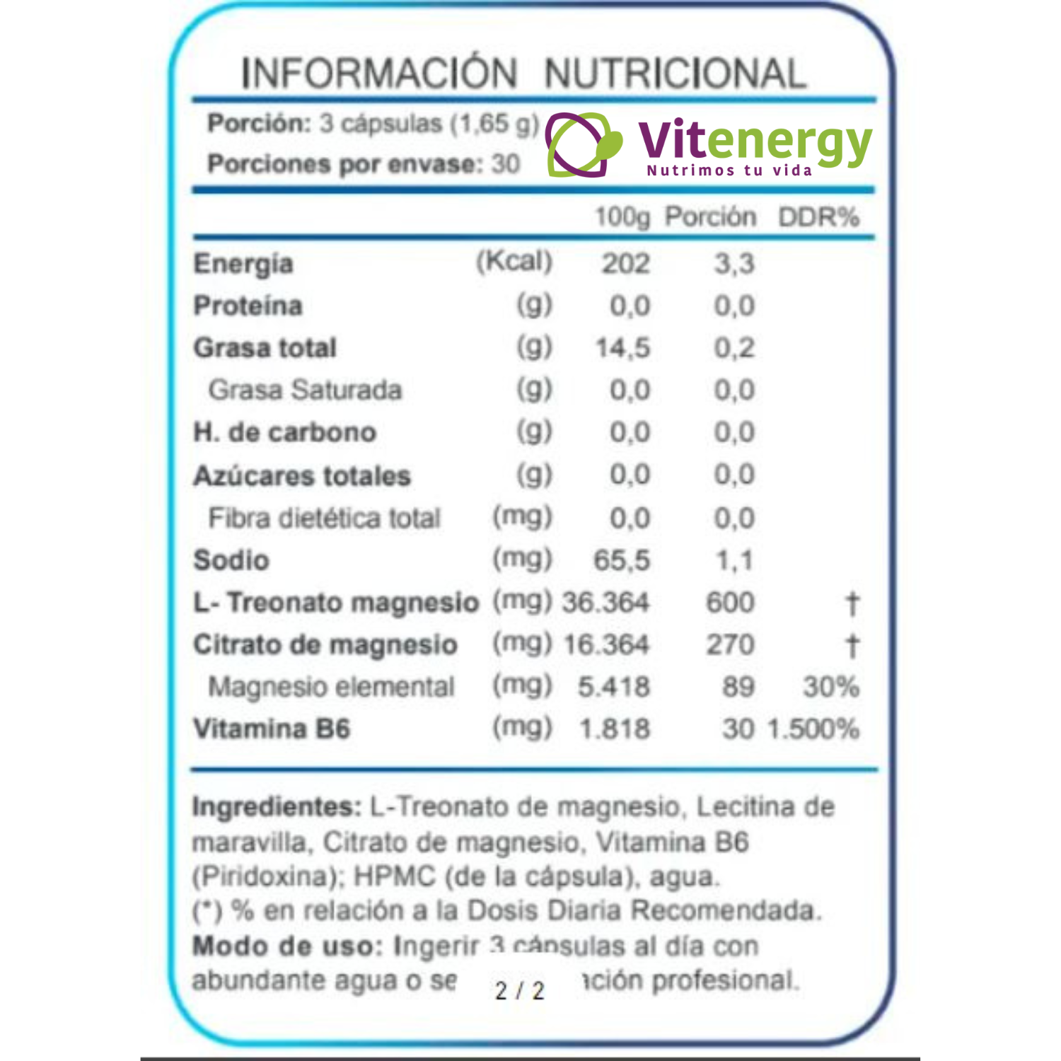 SUPLEMENTO ALIMENTICIO VITENERGY MAGNESIO L TREONATO - 180 CÁPSULAS FNL - OFERTA PACK X2 - 3
