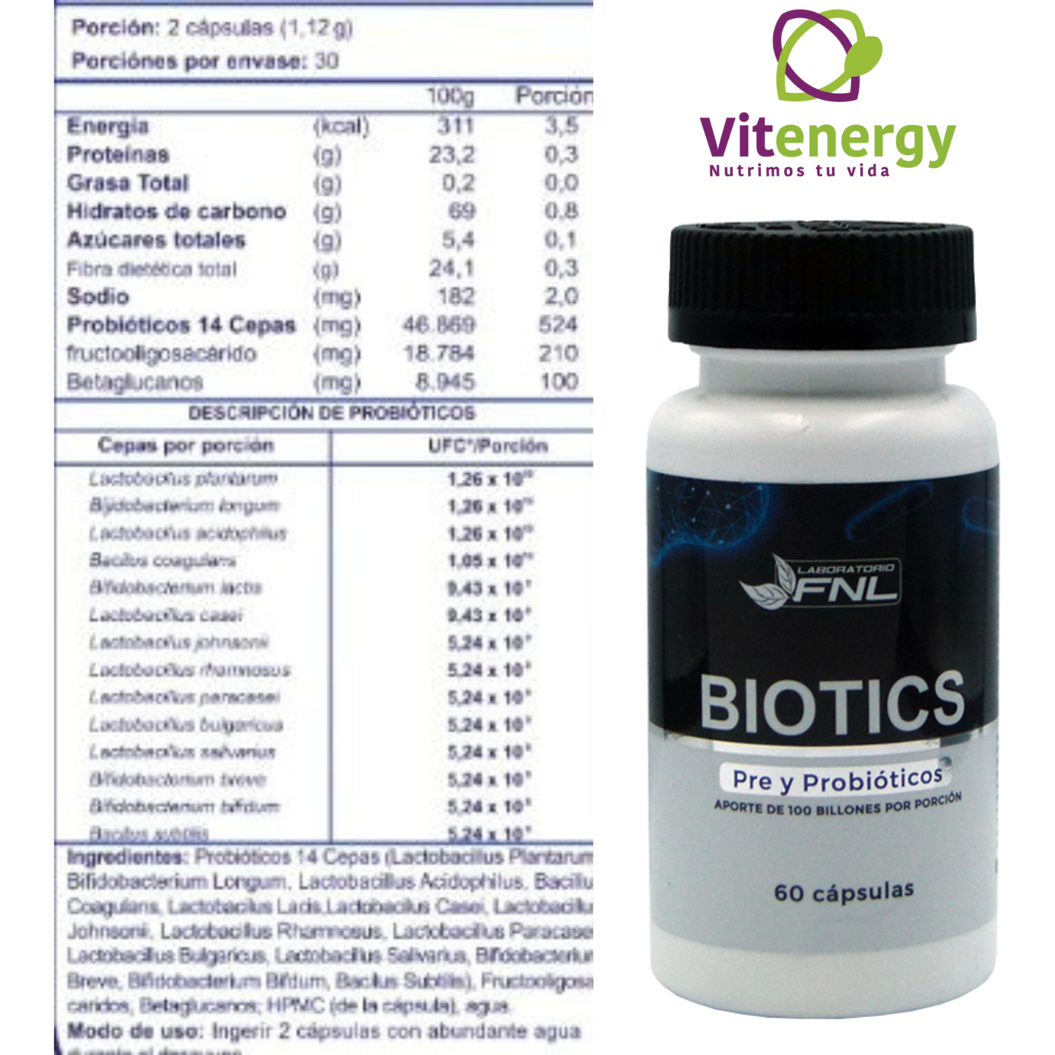 SUPLEMENTO ALIMENTICIO VITENERGY PROBIOTICOS + PREBIOTICOS BIOTICS 14 CEPAS 100 BILLONES - 3