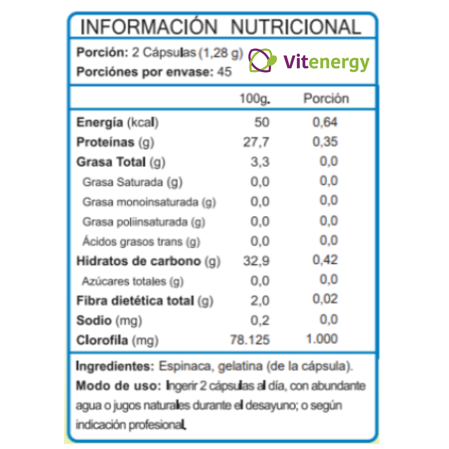 SUPLEMENTO ALIMENTICIO VITENERGY CLOROFILA 100% - 180 CÁPSULAS FNL- SALUD DIGESTIVA - PACK X2 - 3