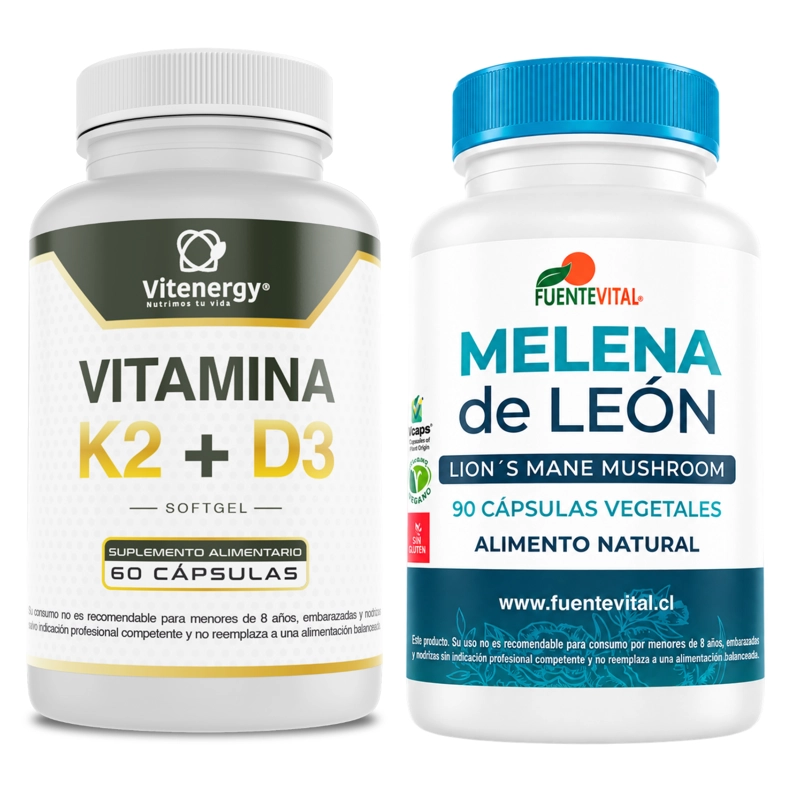 SUPLEMENTO ALIMENTICIO VITENERGY MELENA DE LEÓN HONGO 100% + VITAMINA K2 - D3 - PACK OFERTA - 1